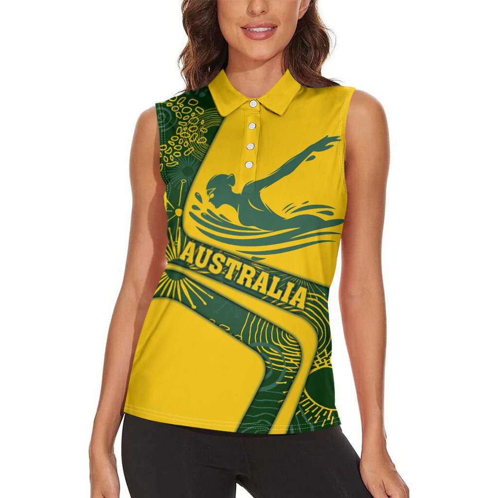 Personalized Australia Swimming Athlete Women Sleeveless Polo Shirt Bold Swimmer Silhouette With Indigenous Pattern Accents