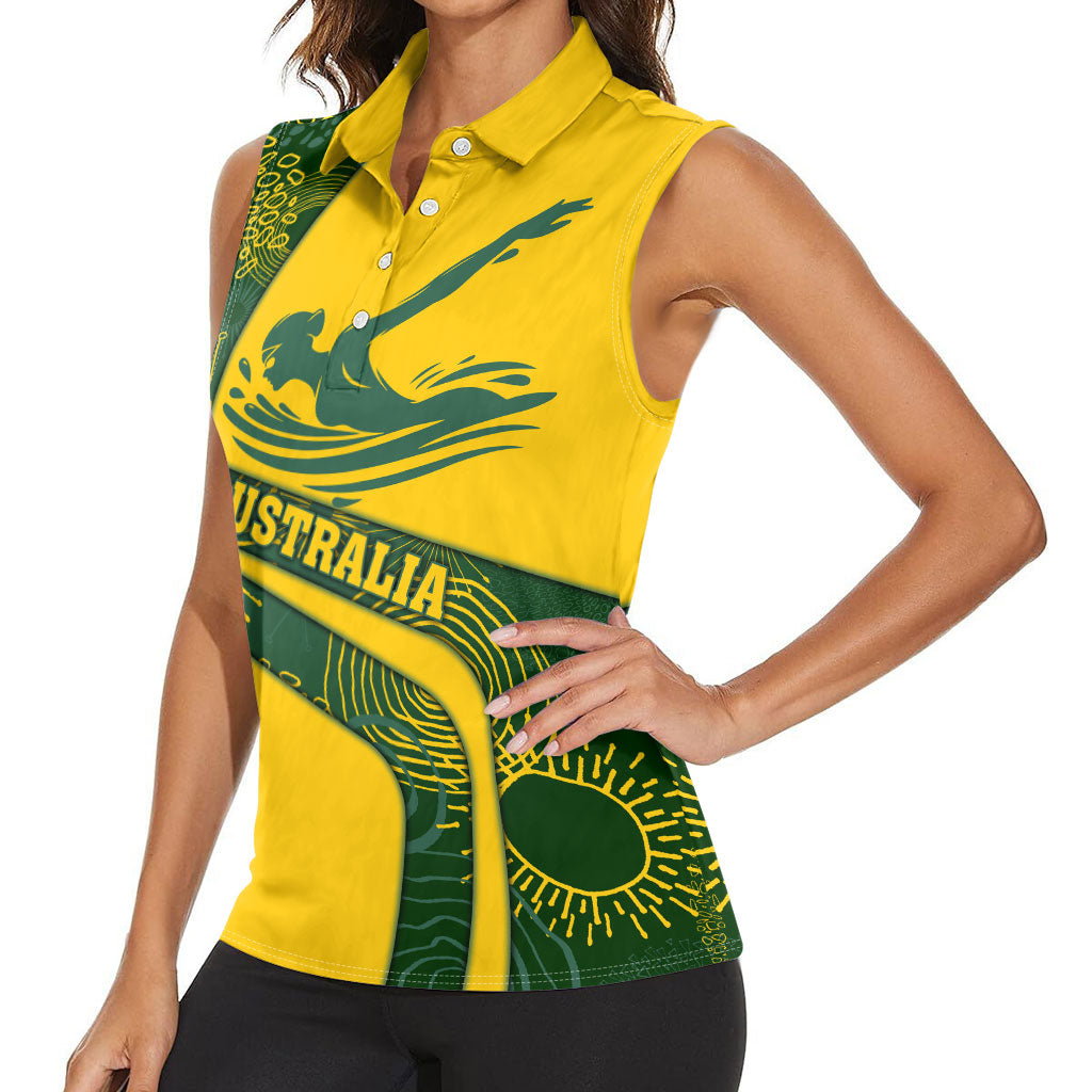 Personalized Australia Swimming Athlete Women Sleeveless Polo Shirt Bold Swimmer Silhouette With Indigenous Pattern Accents