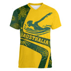 Personalized Australia Swimming Athlete Women V-Neck T-Shirt Bold Swimmer Silhouette With Indigenous Pattern Accents