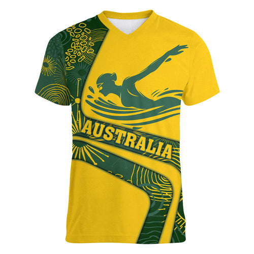 Personalized Australia Swimming Athlete Women V-Neck T-Shirt Bold Swimmer Silhouette With Indigenous Pattern Accents
