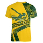 Personalized Australia Swimming Athlete Women V-Neck T-Shirt Bold Swimmer Silhouette With Indigenous Pattern Accents