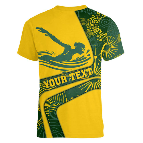 Personalized Australia Swimming Athlete Women V-Neck T-Shirt Bold Swimmer Silhouette With Indigenous Pattern Accents