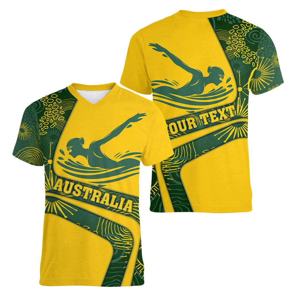 Personalized Australia Swimming Athlete Women V-Neck T-Shirt Bold Swimmer Silhouette With Indigenous Pattern Accents