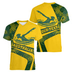Personalized Australia Swimming Athlete Women V-Neck T-Shirt Bold Swimmer Silhouette With Indigenous Pattern Accents
