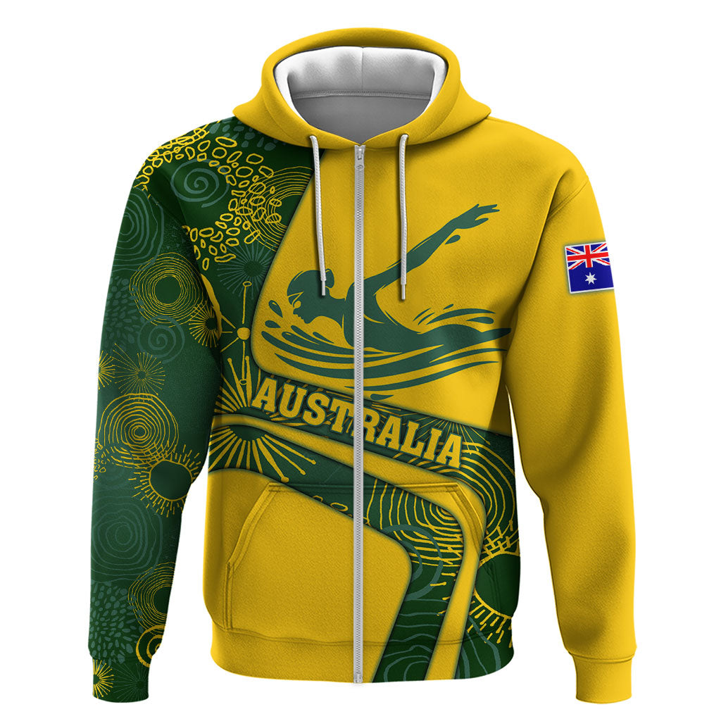 Personalized Australia Swimming Athlete Zip Hoodie Bold Swimmer Silhouette With Indigenous Pattern Accents