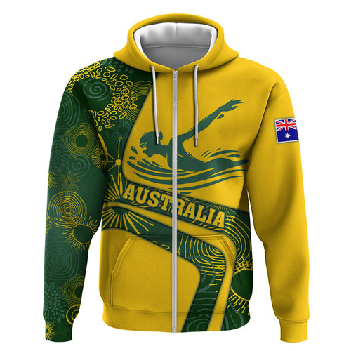 Personalized Australia Swimming Athlete Zip Hoodie Bold Swimmer Silhouette With Indigenous Pattern Accents