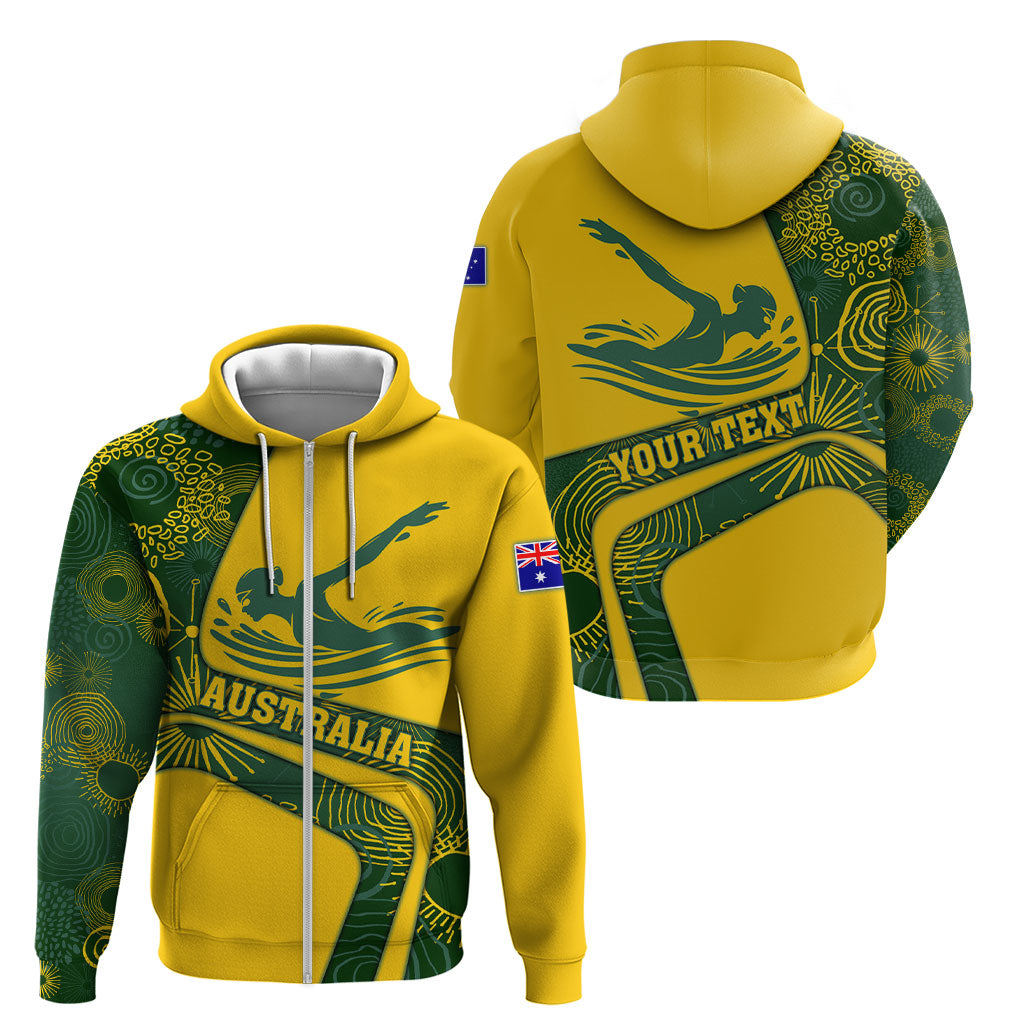 Personalized Australia Swimming Athlete Zip Hoodie Bold Swimmer Silhouette With Indigenous Pattern Accents