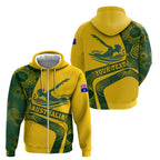 Personalized Australia Swimming Athlete Zip Hoodie Bold Swimmer Silhouette With Indigenous Pattern Accents