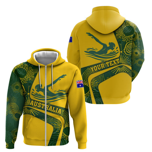 Personalized Australia Swimming Athlete Zip Hoodie Bold Swimmer Silhouette With Indigenous Pattern Accents