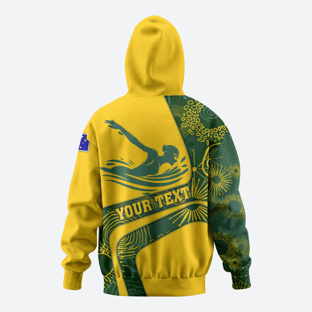 Personalized Australia Swimming Athlete Zip Hoodie Bold Swimmer Silhouette With Indigenous Pattern Accents
