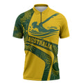 Personalized Australia Swimming Athlete Zipper Polo Shirt Bold Swimmer Silhouette With Indigenous Pattern Accents
