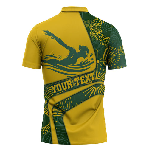Personalized Australia Swimming Athlete Zipper Polo Shirt Bold Swimmer Silhouette With Indigenous Pattern Accents