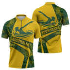 Personalized Australia Swimming Athlete Zipper Polo Shirt Bold Swimmer Silhouette With Indigenous Pattern Accents