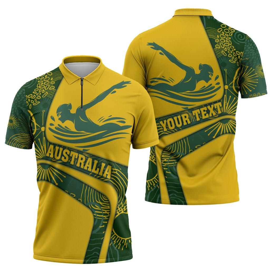 Personalized Australia Swimming Athlete Zipper Polo Shirt Bold Swimmer Silhouette With Indigenous Pattern Accents
