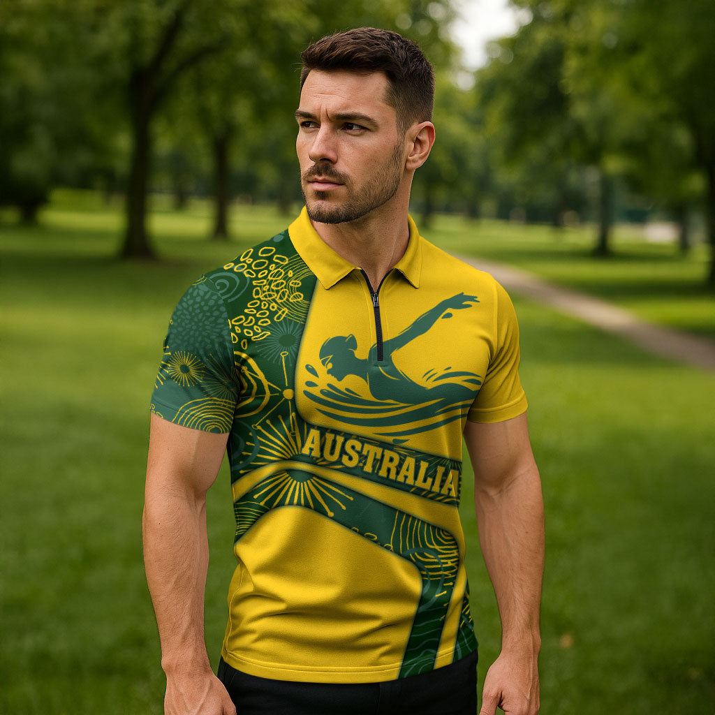 Personalized Australia Swimming Athlete Zipper Polo Shirt Bold Swimmer Silhouette With Indigenous Pattern Accents