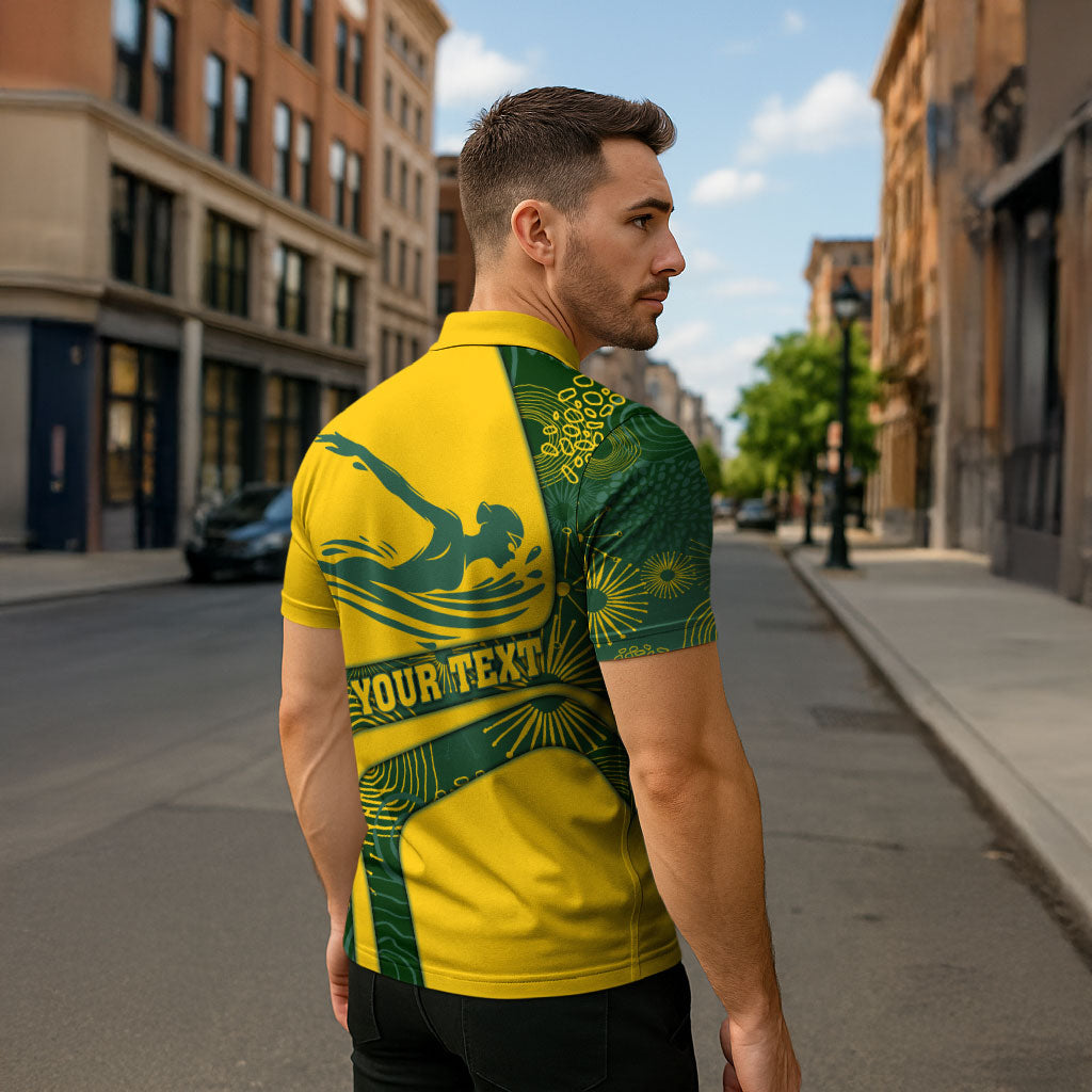 Personalized Australia Swimming Athlete Zipper Polo Shirt Bold Swimmer Silhouette With Indigenous Pattern Accents