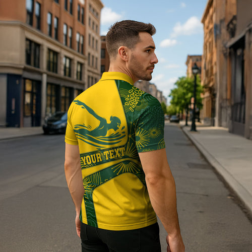 Personalized Australia Swimming Athlete Zipper Polo Shirt Bold Swimmer Silhouette With Indigenous Pattern Accents