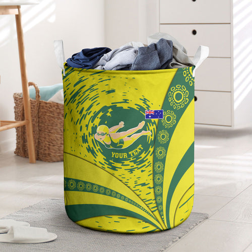 Personalized Australia Swimming Champion Laundry Basket Freestyle Swimmer With Swirling Wave And Cultural Patterns