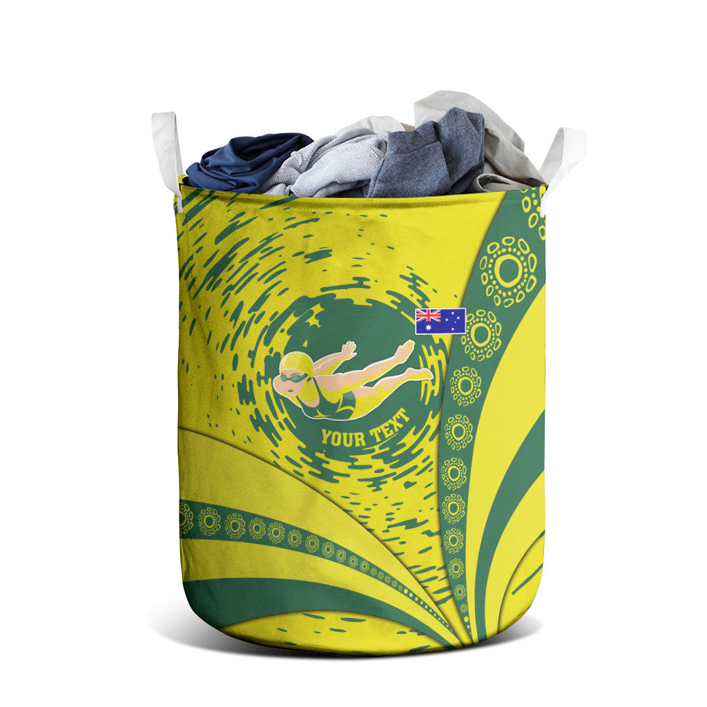 Personalized Australia Swimming Champion Laundry Basket Freestyle Swimmer With Swirling Wave And Cultural Patterns