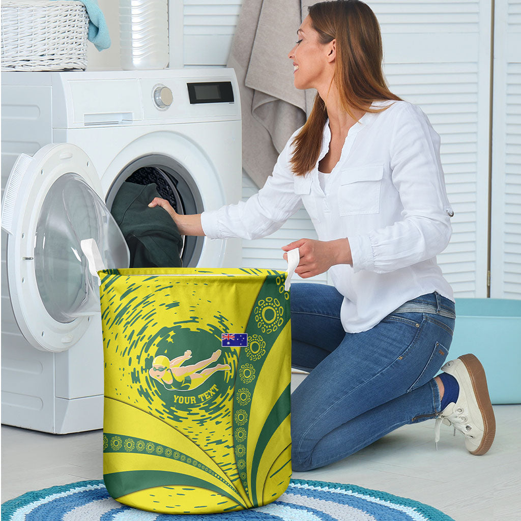 Personalized Australia Swimming Champion Laundry Basket Freestyle Swimmer With Swirling Wave And Cultural Patterns