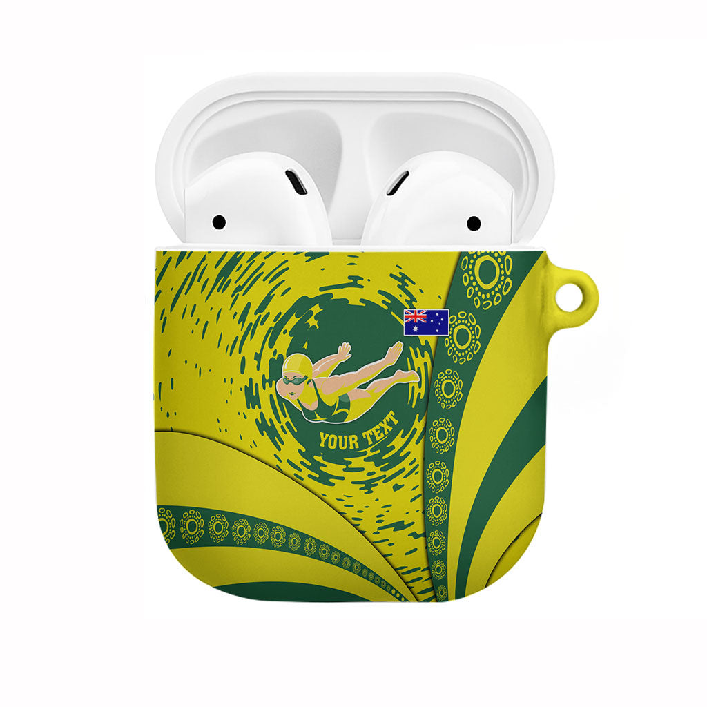 Personalized Australia Swimming Champion AirPods Case Freestyle Swimmer With Swirling Wave And Cultural Patterns