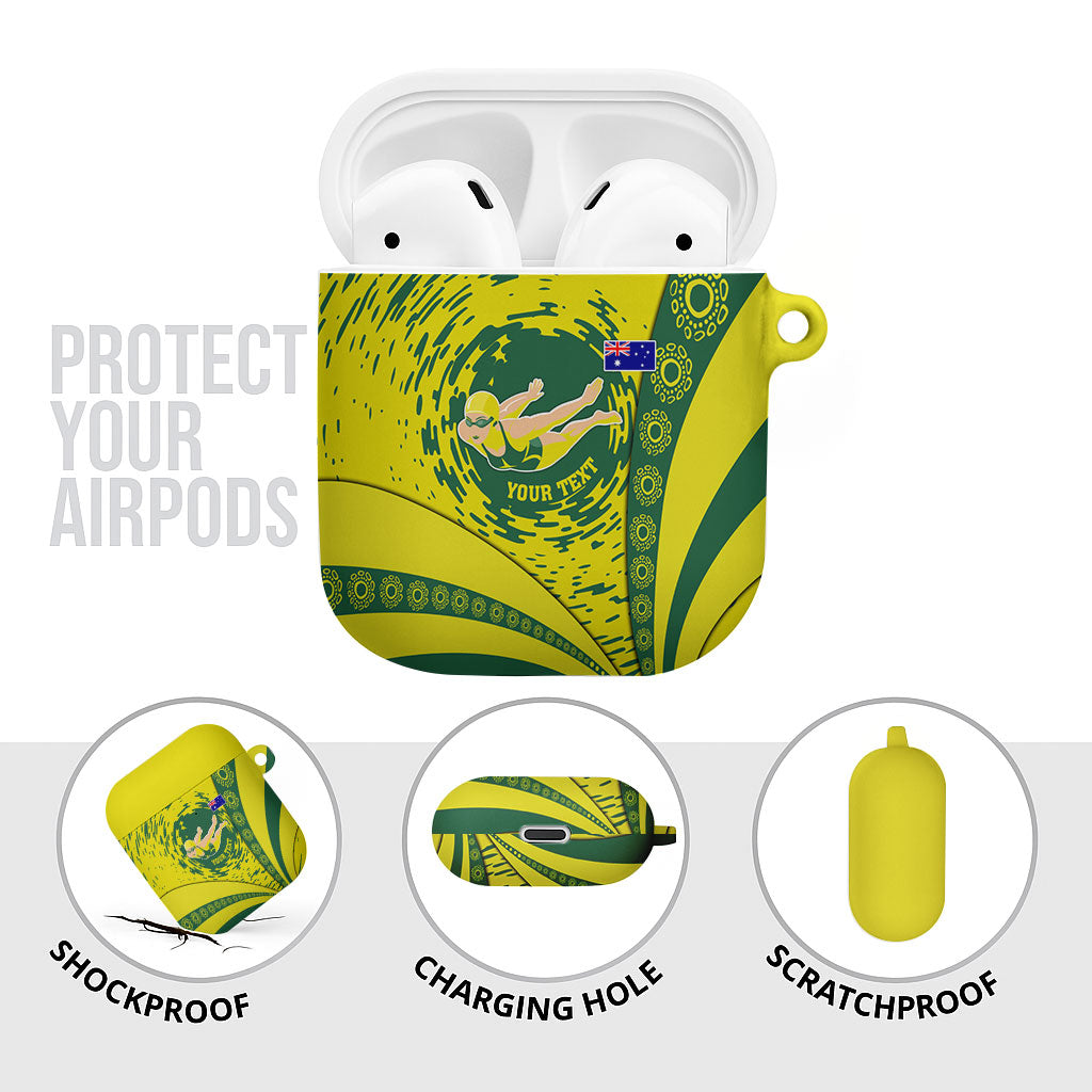 Personalized Australia Swimming Champion AirPods Case Freestyle Swimmer With Swirling Wave And Cultural Patterns