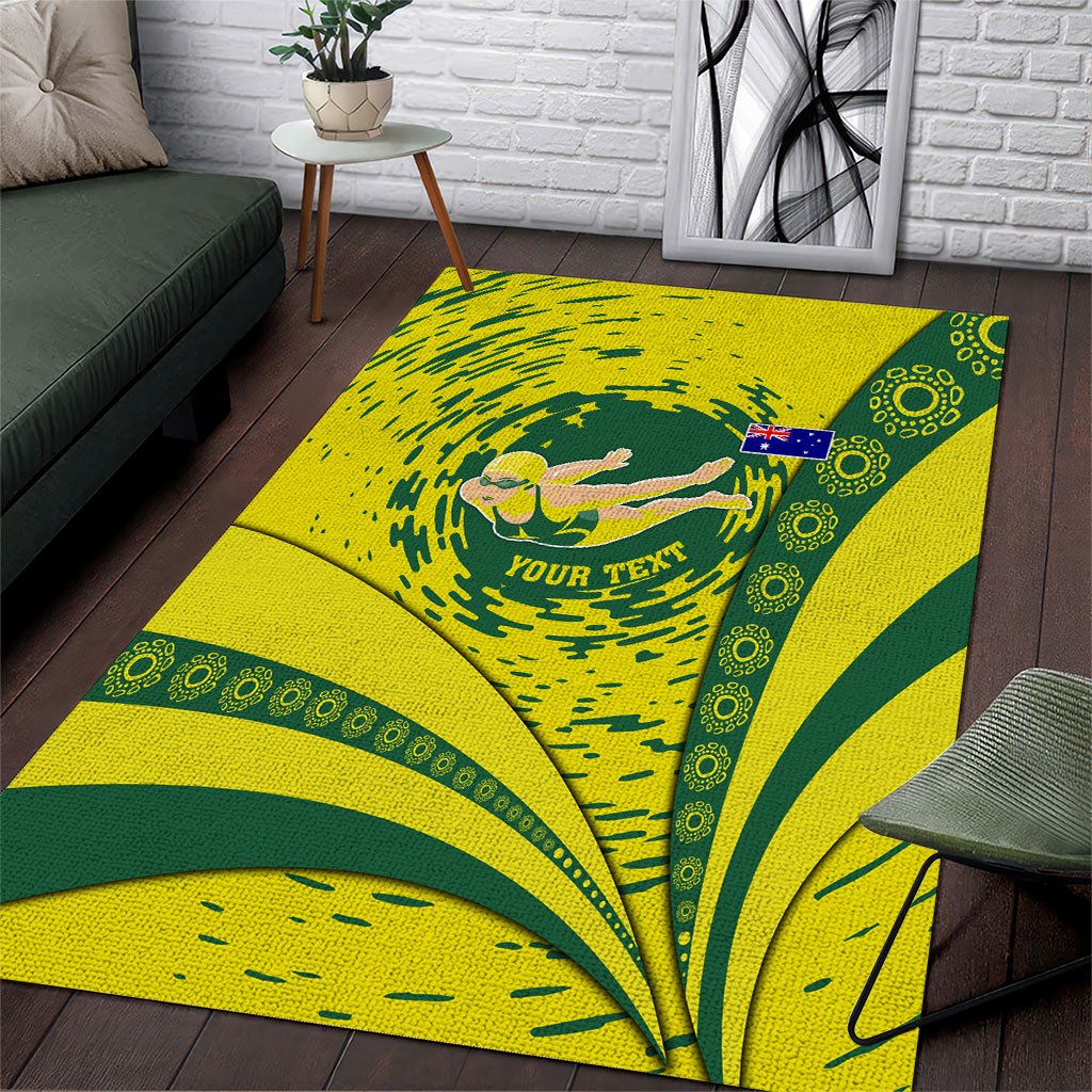 Personalized Australia Swimming Champion Area Rug Freestyle Swimmer With Swirling Wave And Cultural Patterns