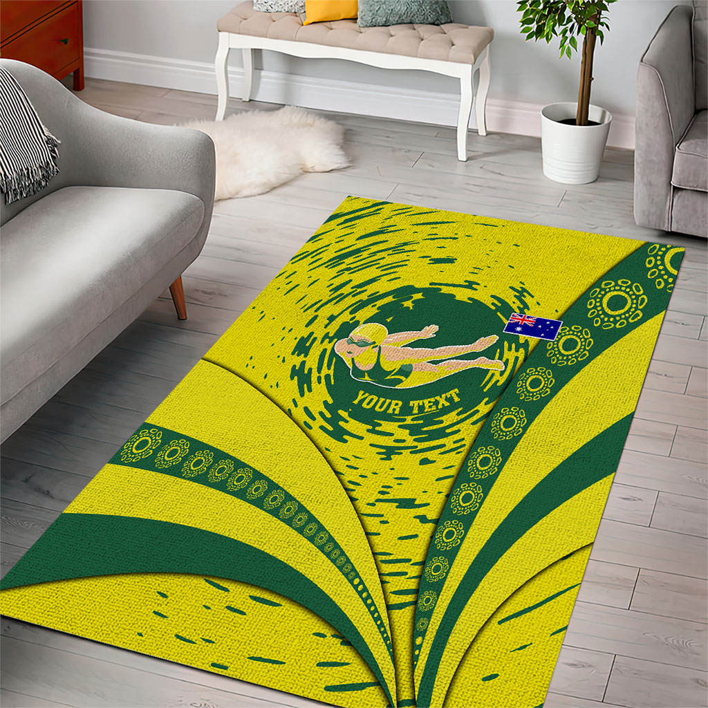 Personalized Australia Swimming Champion Area Rug Freestyle Swimmer With Swirling Wave And Cultural Patterns