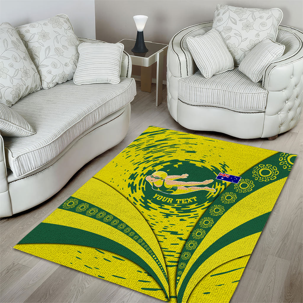 Personalized Australia Swimming Champion Area Rug Freestyle Swimmer With Swirling Wave And Cultural Patterns