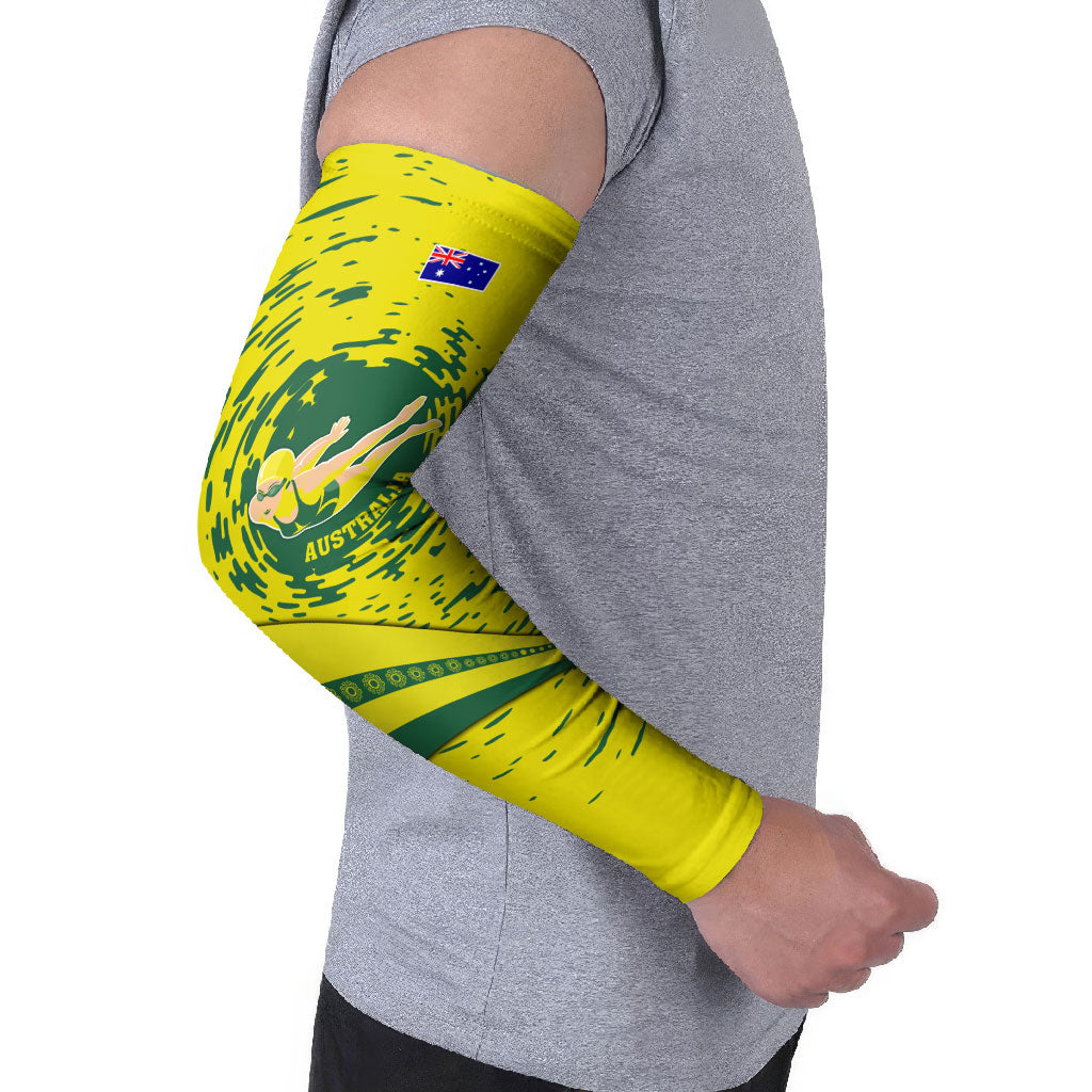 Personalized Australia Swimming Champion Arm Sleeves Freestyle Swimmer With Swirling Wave And Cultural Patterns