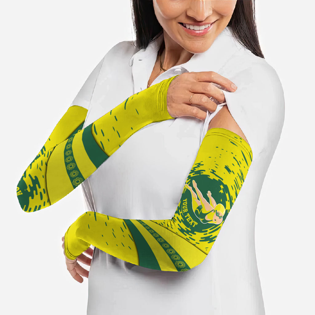 Personalized Australia Swimming Champion Arm Sleeves Freestyle Swimmer With Swirling Wave And Cultural Patterns