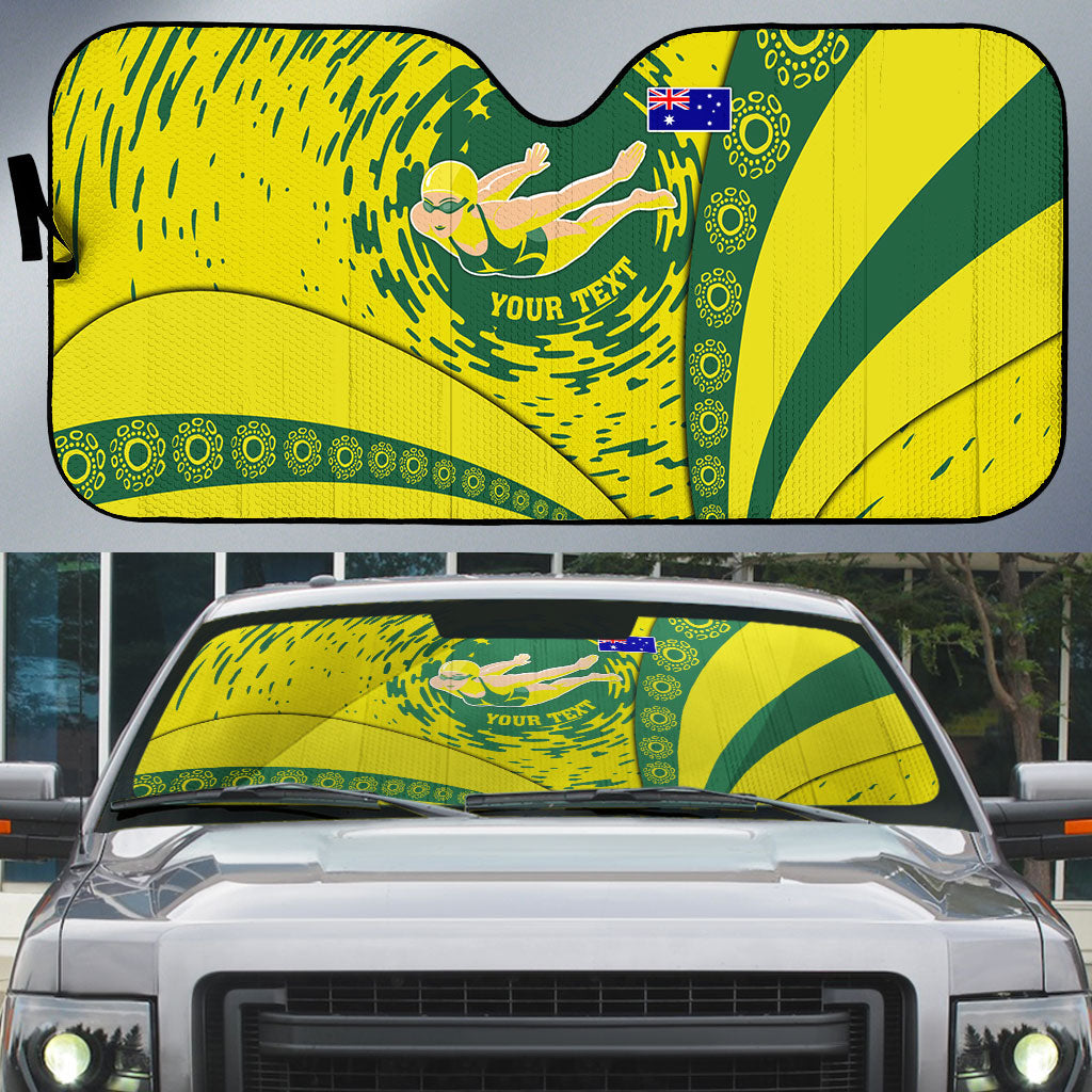 Personalized Australia Swimming Champion Auto Sun Shade Freestyle Swimmer With Swirling Wave And Cultural Patterns