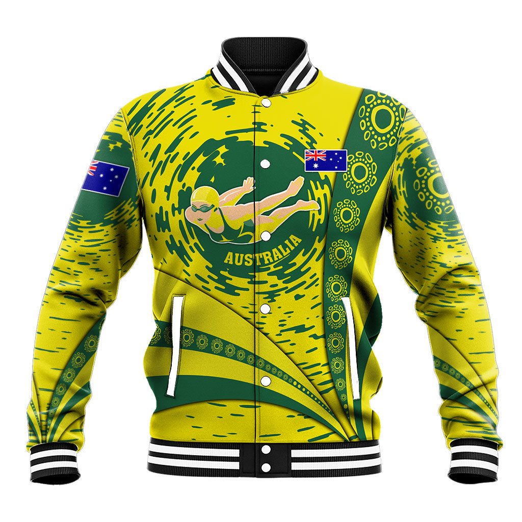 Personalized Australia Swimming Champion Baseball Jacket Freestyle Swimmer With Swirling Wave And Cultural Patterns