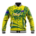 Personalized Australia Swimming Champion Baseball Jacket Freestyle Swimmer With Swirling Wave And Cultural Patterns