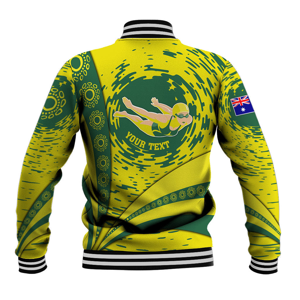 Personalized Australia Swimming Champion Baseball Jacket Freestyle Swimmer With Swirling Wave And Cultural Patterns