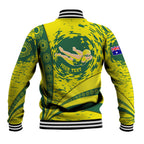 Personalized Australia Swimming Champion Baseball Jacket Freestyle Swimmer With Swirling Wave And Cultural Patterns
