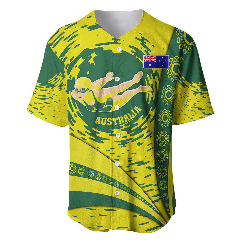 Personalized Australia Swimming Champion Baseball Jersey Freestyle Swimmer With Swirling Wave And Cultural Patterns