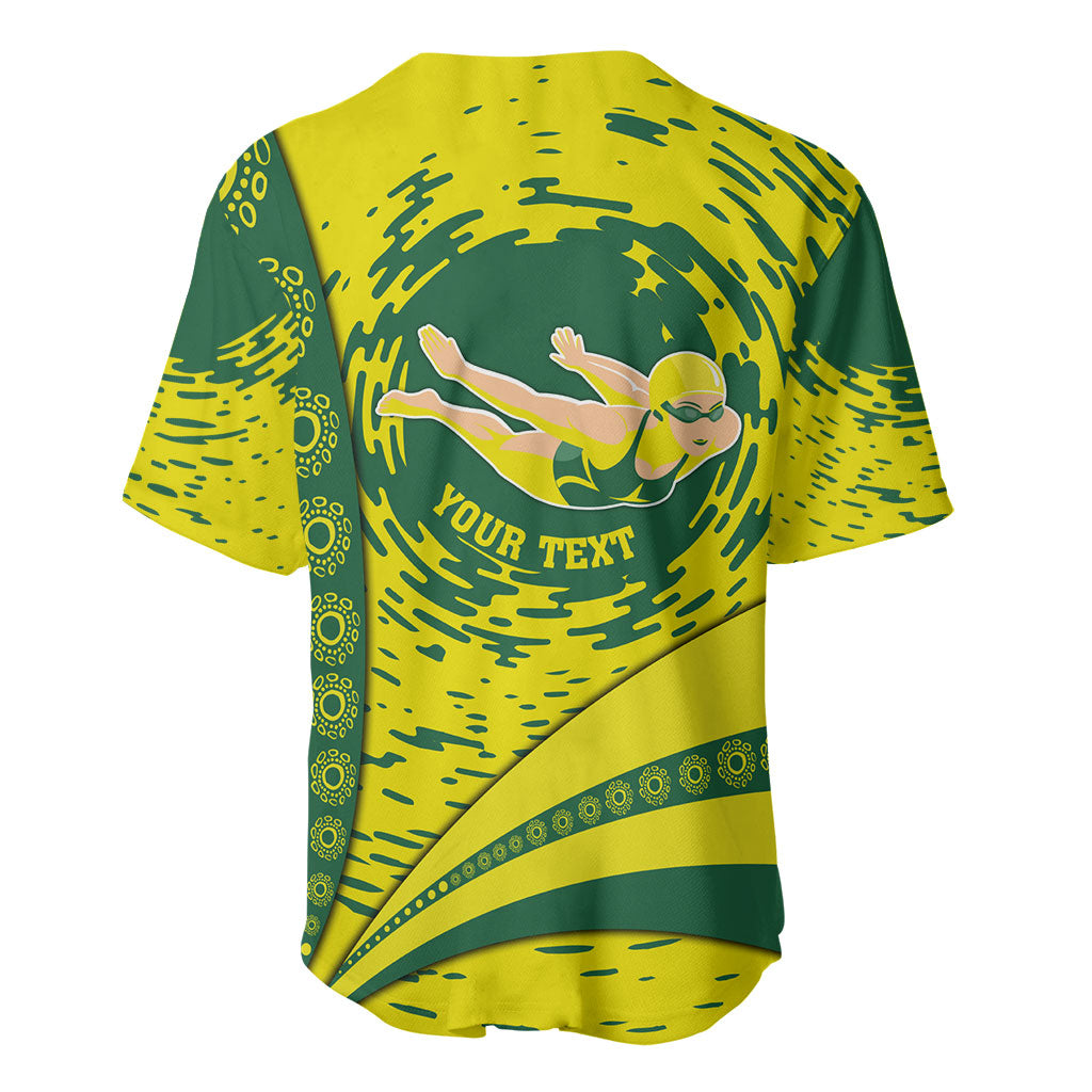 Personalized Australia Swimming Champion Baseball Jersey Freestyle Swimmer With Swirling Wave And Cultural Patterns