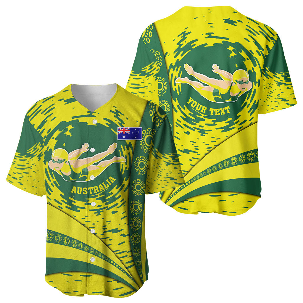 Personalized Australia Swimming Champion Baseball Jersey Freestyle Swimmer With Swirling Wave And Cultural Patterns