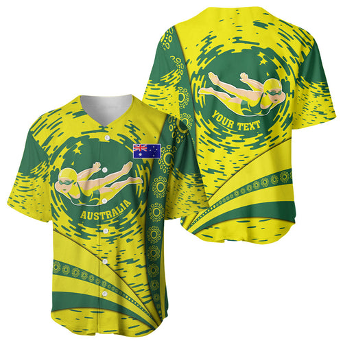 Personalized Australia Swimming Champion Baseball Jersey Freestyle Swimmer With Swirling Wave And Cultural Patterns