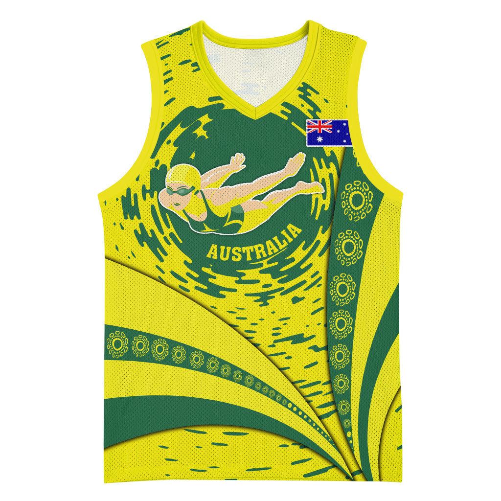 Personalized Australia Swimming Champion Basketball Jersey Freestyle Swimmer With Swirling Wave And Cultural Patterns