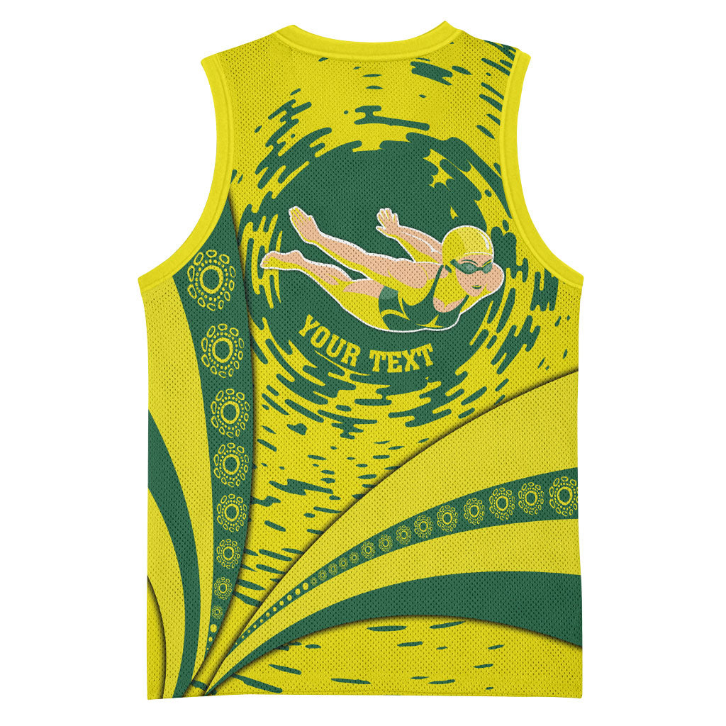 Personalized Australia Swimming Champion Basketball Jersey Freestyle Swimmer With Swirling Wave And Cultural Patterns