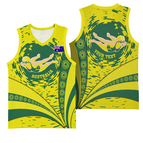 Personalized Australia Swimming Champion Basketball Jersey Freestyle Swimmer With Swirling Wave And Cultural Patterns