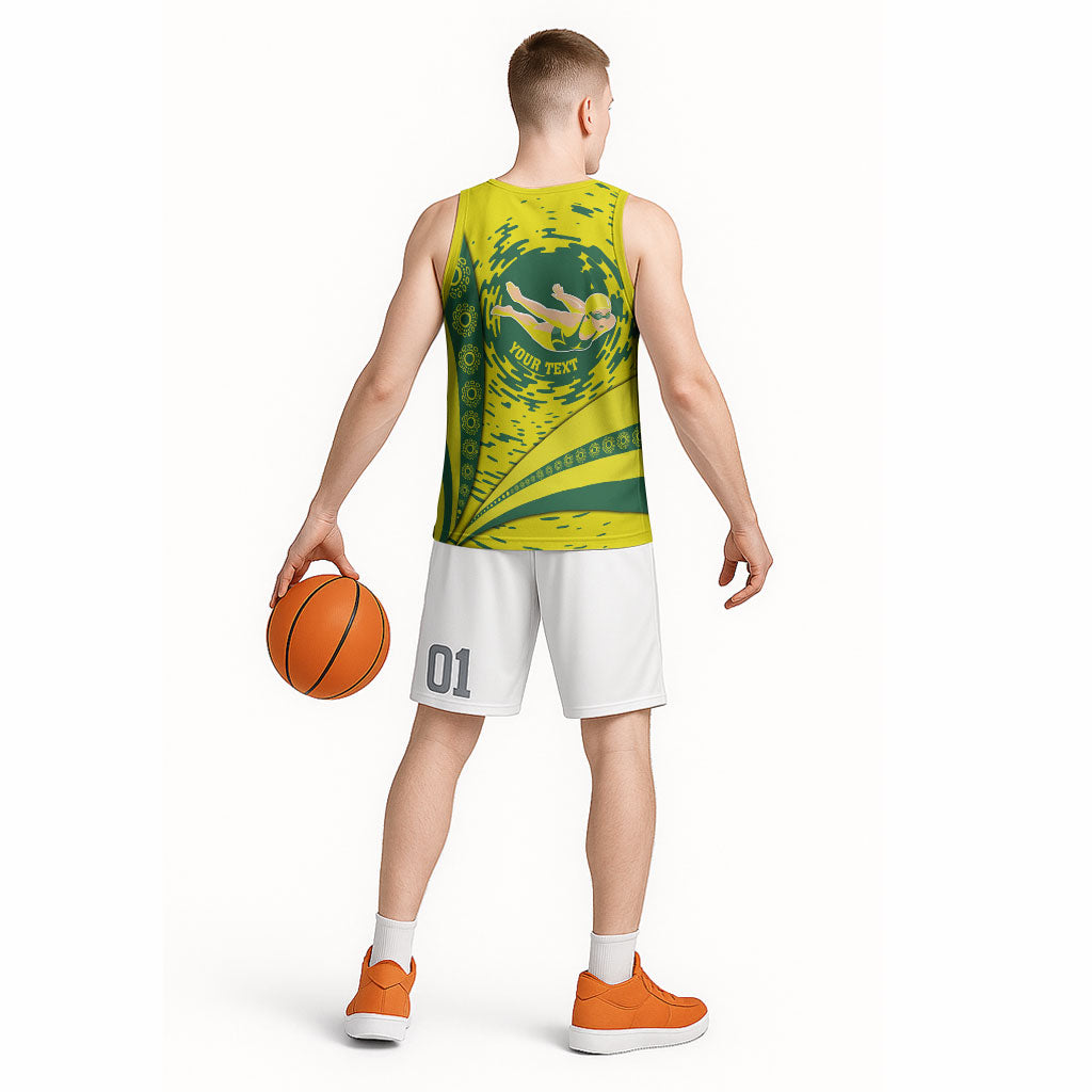 Personalized Australia Swimming Champion Basketball Jersey Freestyle Swimmer With Swirling Wave And Cultural Patterns