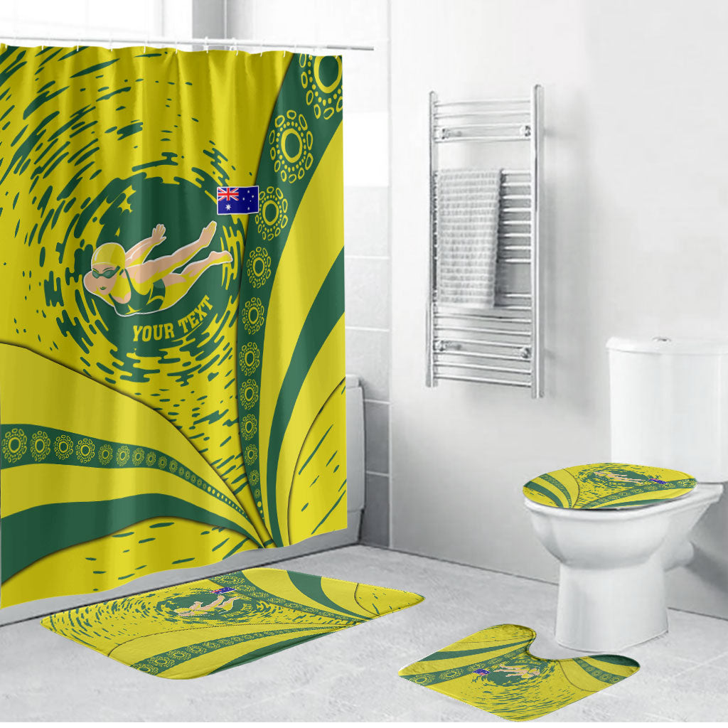 Personalized Australia Swimming Champion Bathroom Set Freestyle Swimmer With Swirling Wave And Cultural Patterns