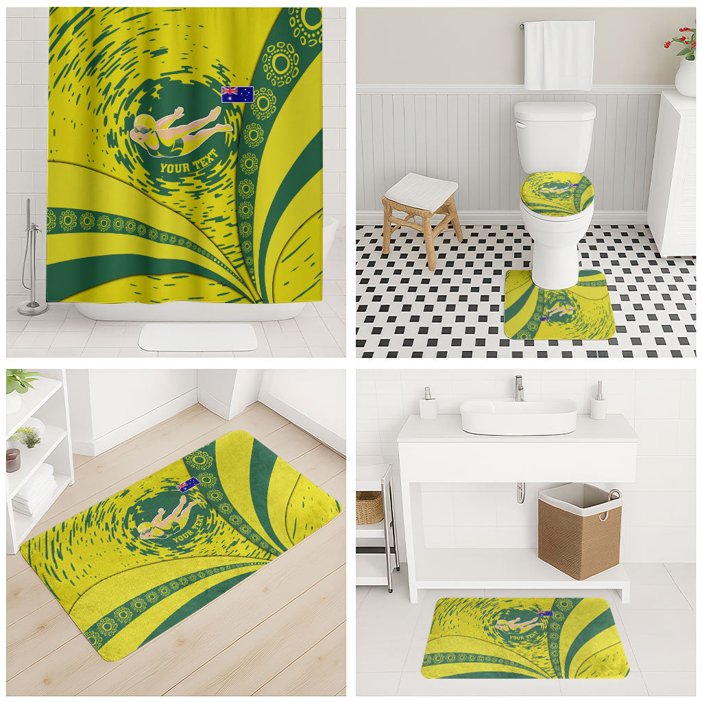 Personalized Australia Swimming Champion Bathroom Set Freestyle Swimmer With Swirling Wave And Cultural Patterns