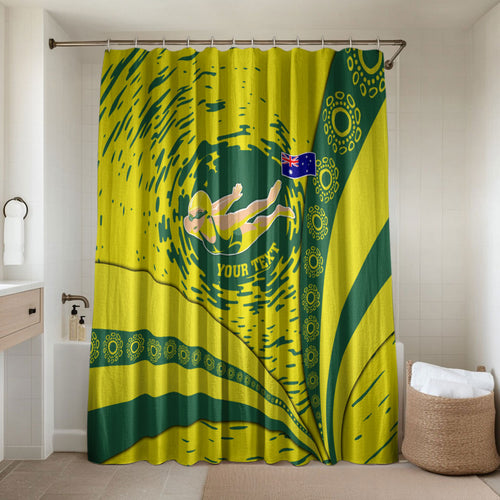 Personalized Australia Swimming Champion Bathroom Set Freestyle Swimmer With Swirling Wave And Cultural Patterns