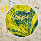 Personalized Australia Swimming Champion Beach Blanket Freestyle Swimmer With Swirling Wave And Cultural Patterns
