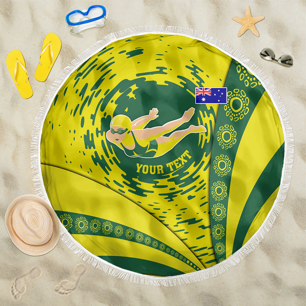 Personalized Australia Swimming Champion Beach Blanket Freestyle Swimmer With Swirling Wave And Cultural Patterns
