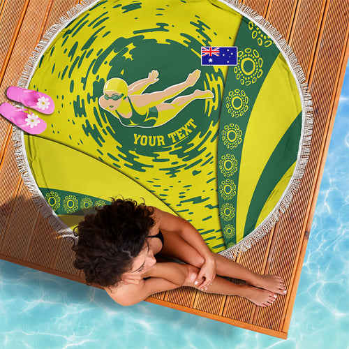 Personalized Australia Swimming Champion Beach Blanket Freestyle Swimmer With Swirling Wave And Cultural Patterns